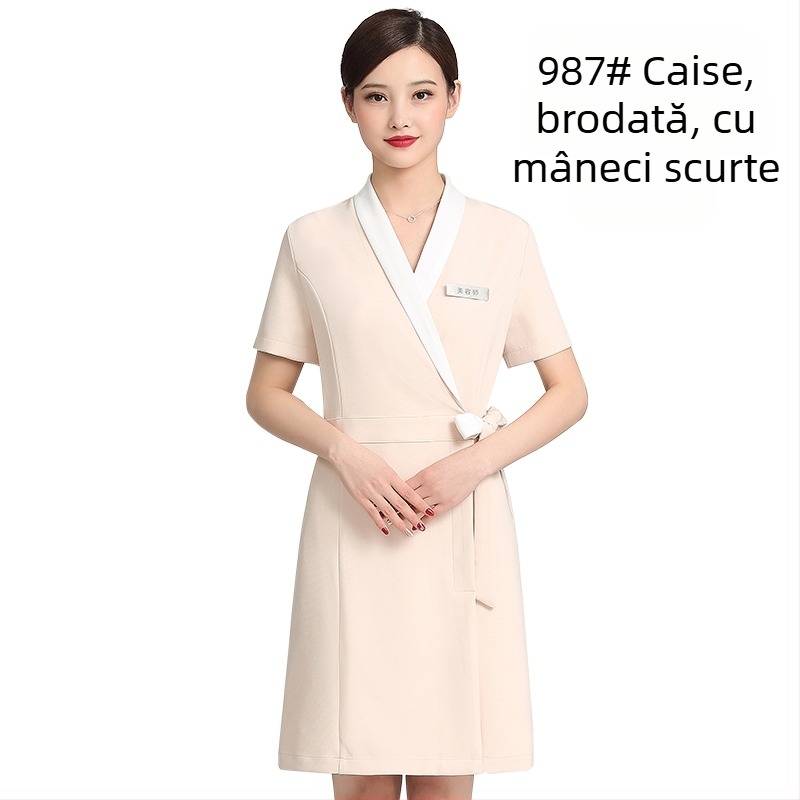 Uniformă unisex pentru salon de înfrumusețare, top cu mâneci medii, material Chenille, 50–70% elastan, pantaloni 5/4, guler din blană artificială