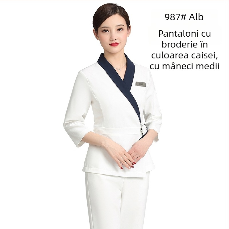 Uniformă unisex pentru salon de înfrumusețare, top cu mâneci medii, material Chenille, 50–70% elastan, pantaloni 5/4, guler din blană artificială