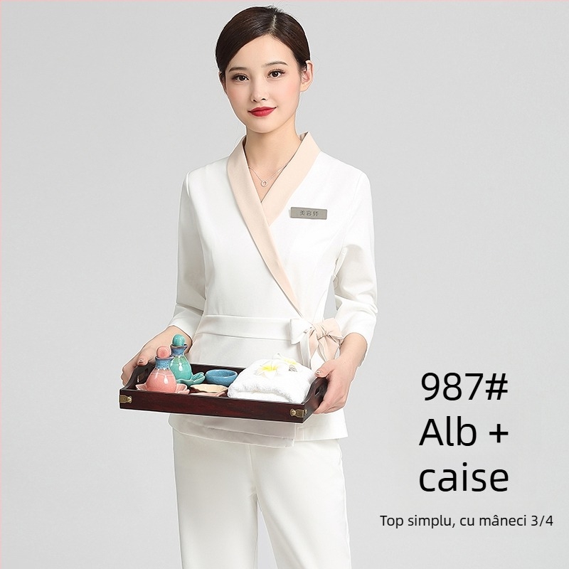 Uniformă unisex pentru salon de înfrumusețare, top cu mâneci medii, material Chenille, 50–70% elastan, pantaloni 5/4, guler din blană artificială