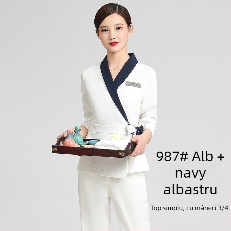 Uniformă unisex pentru salon de înfrumusețare, top cu mâneci medii, material Chenille, 50–70% elastan, pantaloni 5/4, guler din blană artificială