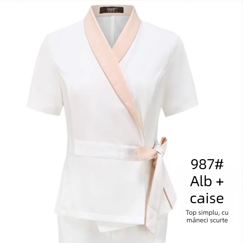 Uniformă unisex pentru salon de înfrumusețare, top cu mâneci medii, material Chenille, 50–70% elastan, pantaloni 5/4, guler din blană artificială