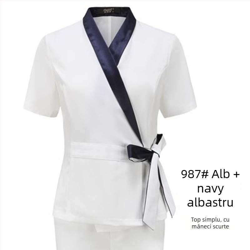 Uniformă unisex pentru salon de înfrumusețare, top cu mâneci medii, material Chenille, 50–70% elastan, pantaloni 5/4, guler din blană artificială