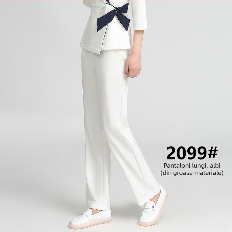 Uniformă unisex pentru salon de înfrumusețare, top cu mâneci medii, material Chenille, 50–70% elastan, pantaloni 5/4, guler din blană artificială