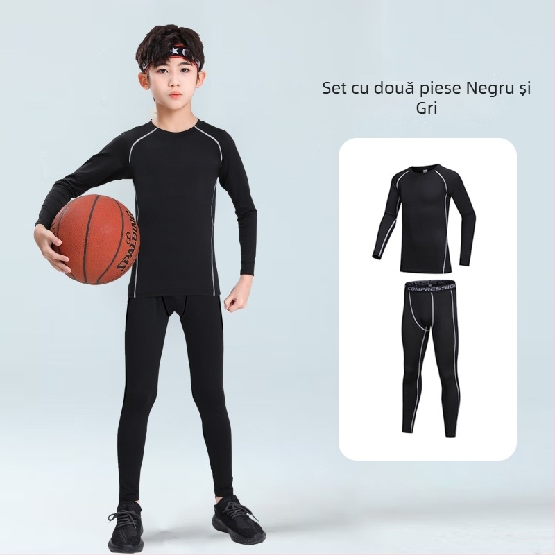 Set de antrenament baschet pentru copii, unisex, cu mâneci lungi și pantaloni, căptușeală termică, poliester, pentru 7–12 ani