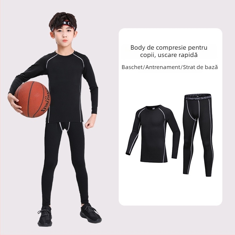 Set de antrenament baschet pentru copii, unisex, cu mâneci lungi și pantaloni, căptușeală termică, poliester, pentru 7–12 ani