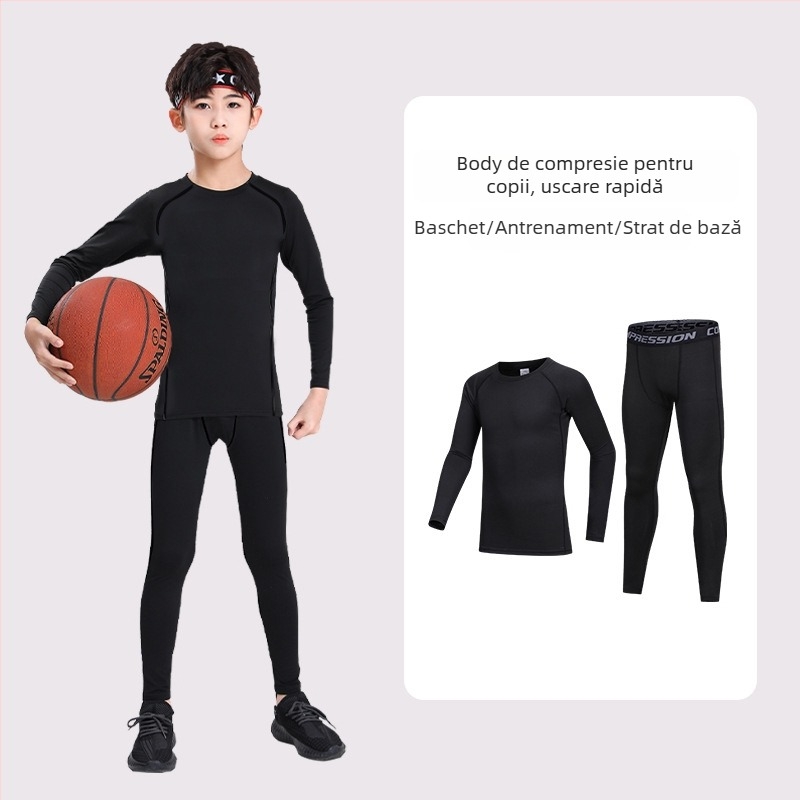 Set de antrenament baschet pentru copii, unisex, cu mâneci lungi și pantaloni, căptușeală termică, poliester, pentru 7–12 ani