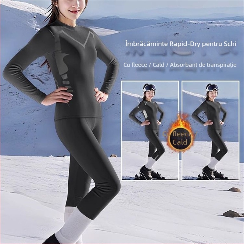 Set bază pentru schi feminin, uscare rapidă, căptușeală fleece, top și pantaloni – respirabil, pentru iarnă în aer liber