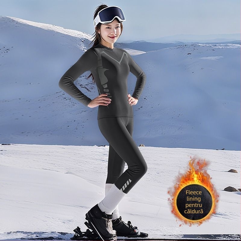 Set bază pentru schi feminin, uscare rapidă, căptușeală fleece, top și pantaloni – respirabil, pentru iarnă în aer liber