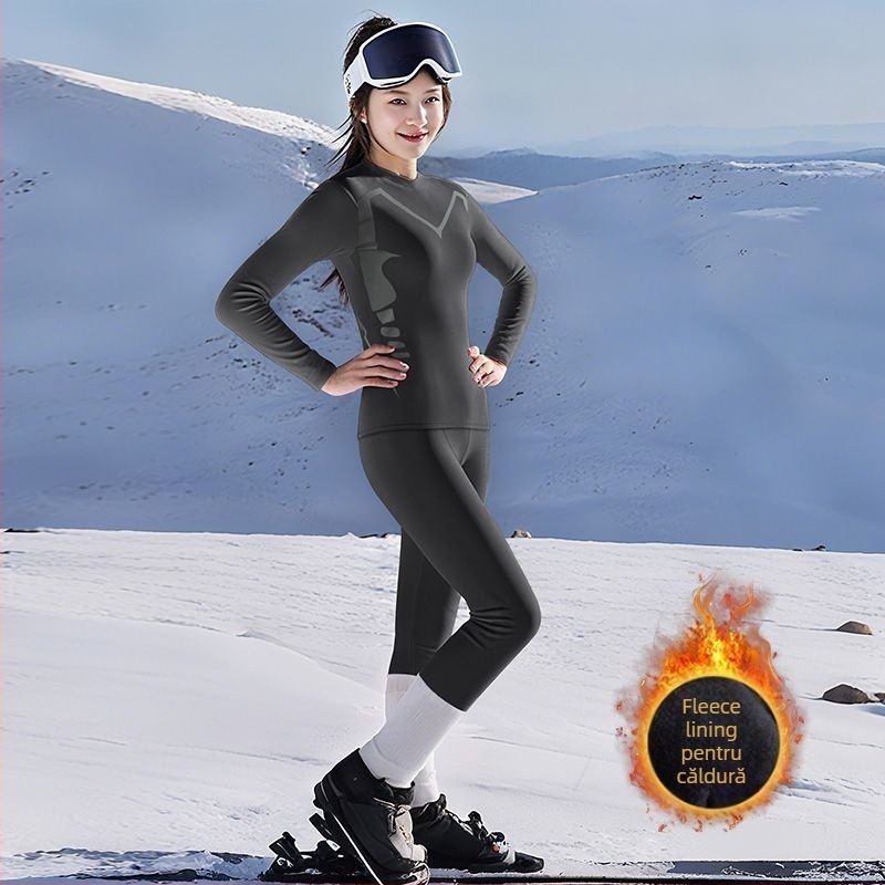 Set bază pentru schi feminin, uscare rapidă, căptușeală fleece, top și pantaloni – respirabil, pentru iarnă în aer liber