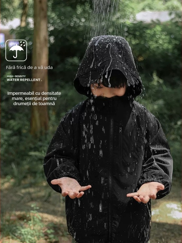 Geacă de exterior pentru copii, impermeabilă cu glugă, respirabilă 5000mm, 100% poliester, croi lejer