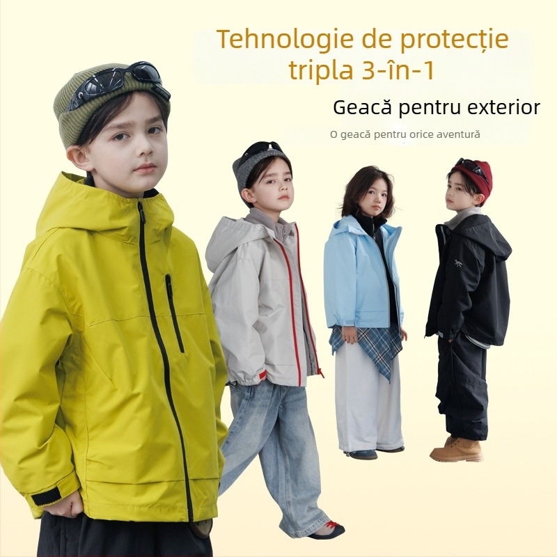 Jachetă pentru copii 3-în-1 cu căptușeală de polar, set detașabil din două piese, impermeabilă 5000mm, rezistentă la vânt, cu glugă, pentru 7–12 ani, toamnă 2025