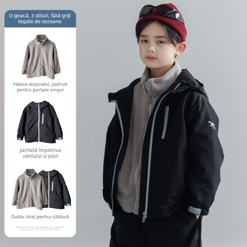 Jachetă pentru copii 3-în-1 cu căptușeală de polar, set detașabil din două piese, impermeabilă 5000mm, rezistentă la vânt, cu glugă, pentru 7–12 ani, toamnă 2025