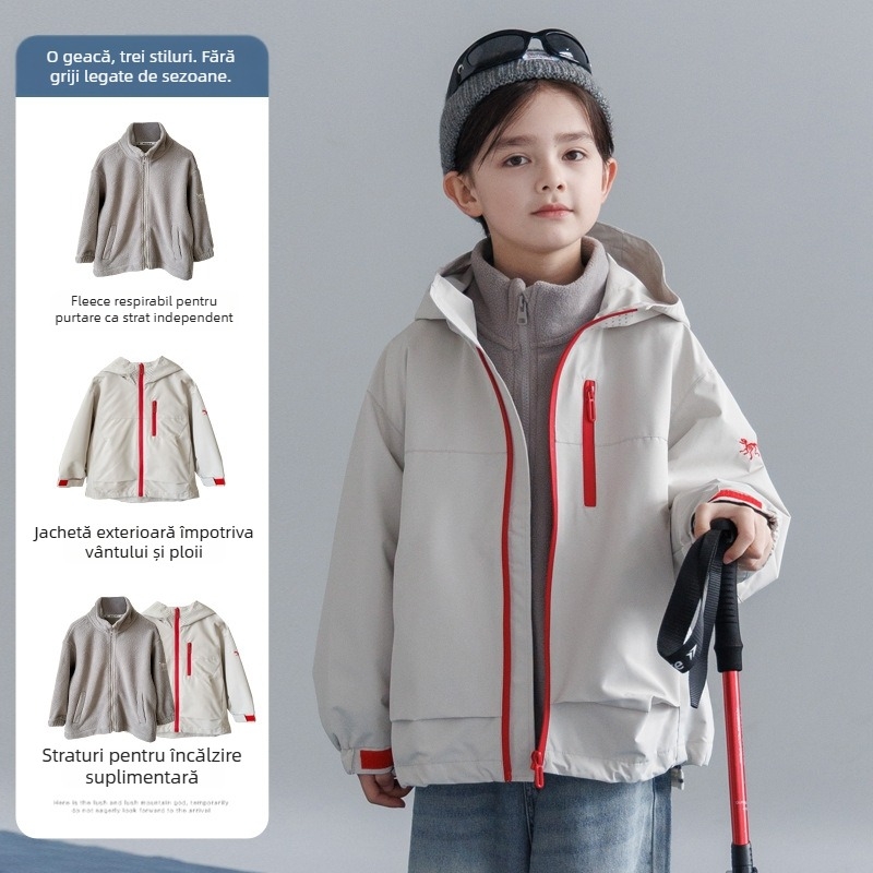 Jachetă pentru copii 3-în-1 cu căptușeală de polar, set detașabil din două piese, impermeabilă 5000mm, rezistentă la vânt, cu glugă, pentru 7–12 ani, toamnă 2025