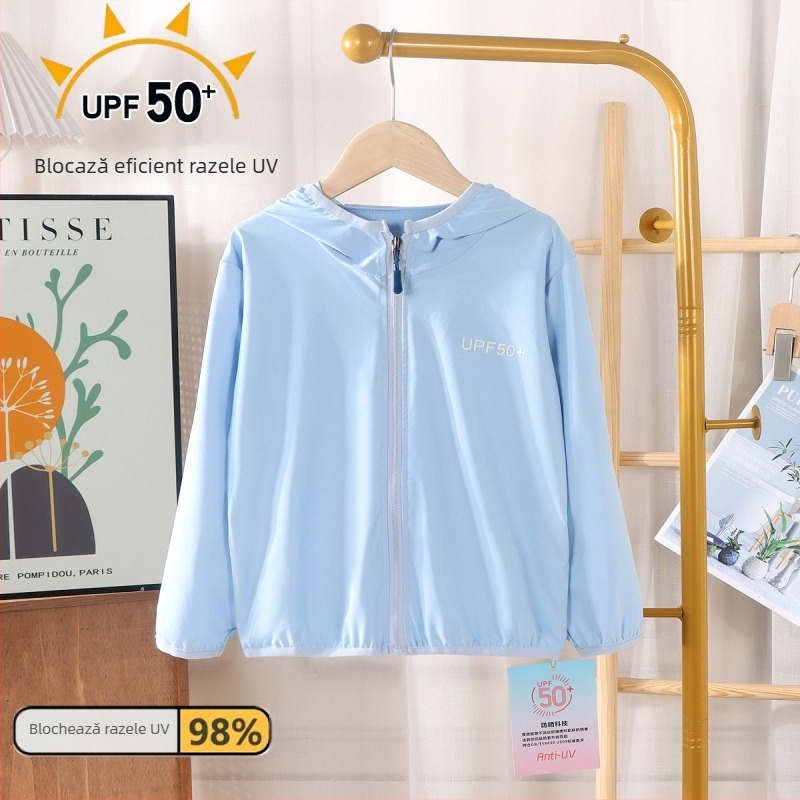 Jachetă pentru copii cu protecție UV, cu glugă – vară (Material principal: poliester 95%; Amestec de fibre chimice; Captușeală: Nylon F; Greutate: 200 g; Vârsta potrivită: 7–12 ani)