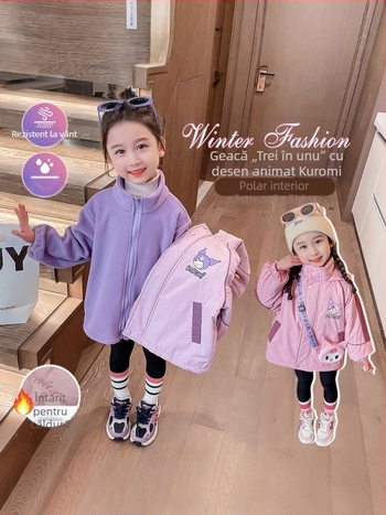 Set din două piese pentru fete - jachetă cu model Cartoon, glugă, căptușeală fleece, impermeabil 1500mm, pentru 7–12 ani