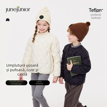 Jachetă pentru copii cu puf, unisex, exterior nylon și căptușeală nylon, puf de gâscă alb 86–90%, fără glugă, lungime scurtă