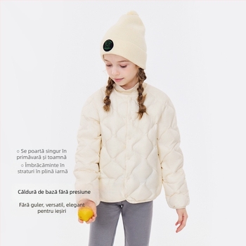 Jachetă pentru copii cu puf, unisex, exterior nylon și căptușeală nylon, puf de gâscă alb 86–90%, fără glugă, lungime scurtă