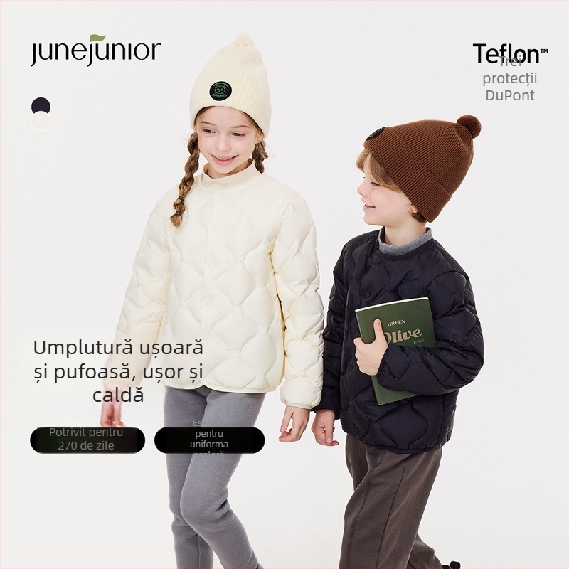 Jachetă pentru copii cu puf, unisex, exterior nylon și căptușeală nylon, puf de gâscă alb 86–90%, fără glugă, lungime scurtă