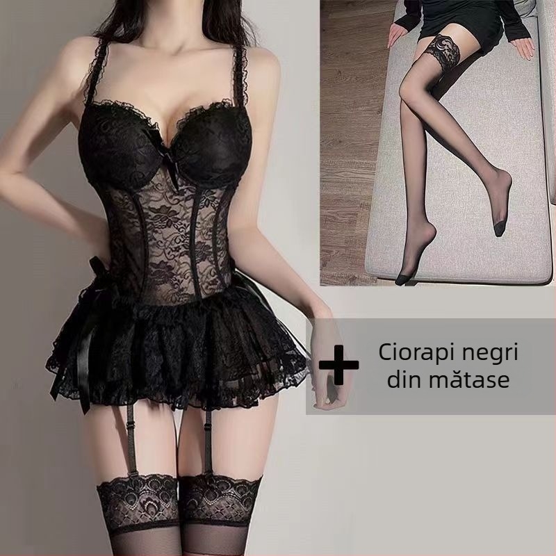 Set de noapte cu lenjerie dantelată, design perforat, poliester, fără mâneci, pentru somn și utilizare acasă