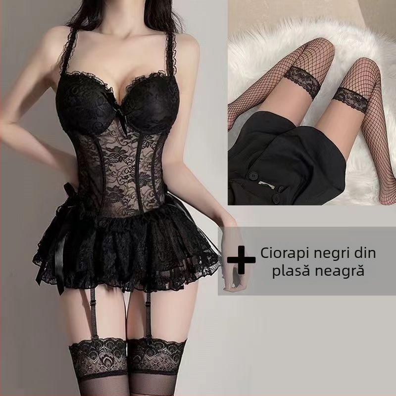 Set de noapte cu lenjerie dantelată, design perforat, poliester, fără mâneci, pentru somn și utilizare acasă