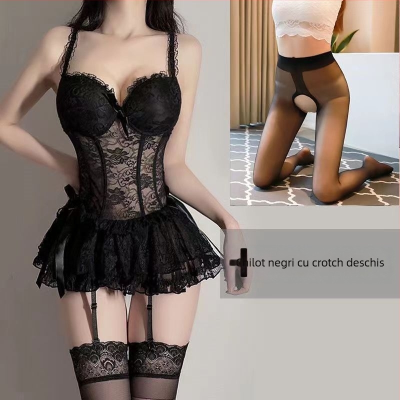 Set de noapte cu lenjerie dantelată, design perforat, poliester, fără mâneci, pentru somn și utilizare acasă