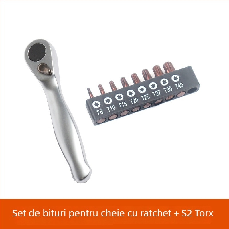 Set mini șurubelnițe cu clichet, 1/4 inch, înainte/înapoi, biti Cross, Hex și Torx, oțel crom-vanadiu