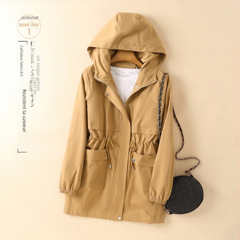 Palton trench feminin, lungime medie, glugă, croială lejeră, fermoar, material bumbac-poliester, stil leisure coreean