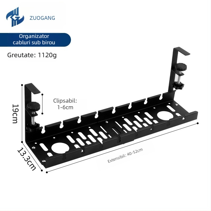 Rack de gestionare a cablurilor sub birou - telescopic, fără găuri, din oțel laminat la rece, finisaj pudră, Zuo Gang
