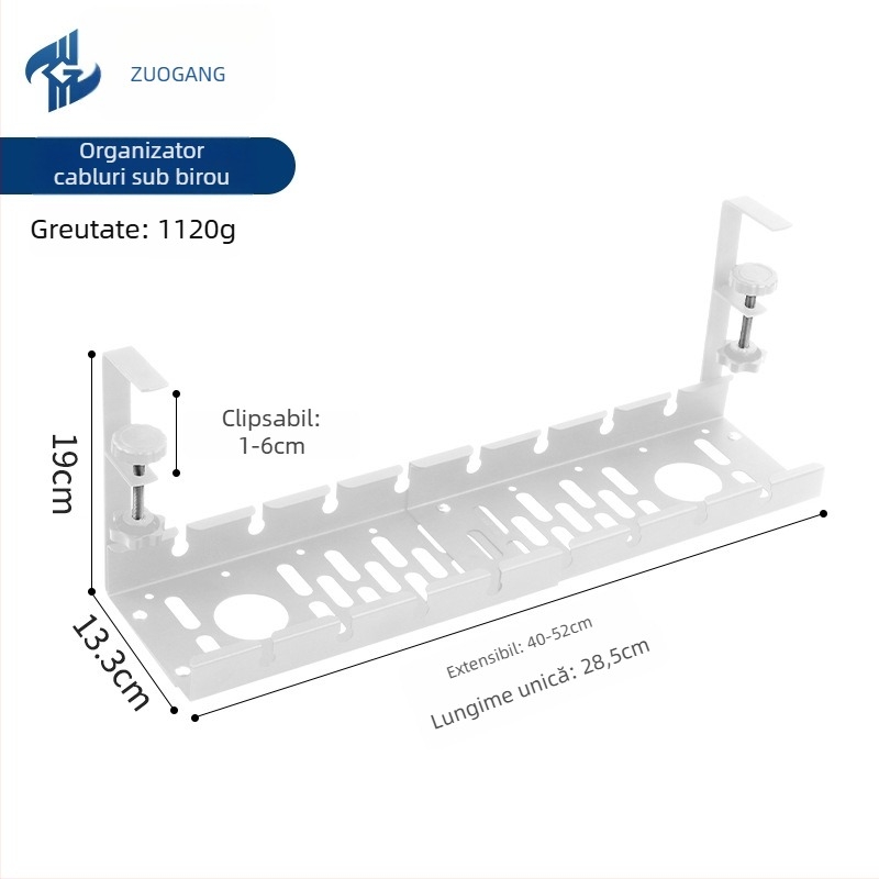 Rack de gestionare a cablurilor sub birou - telescopic, fără găuri, din oțel laminat la rece, finisaj pudră, Zuo Gang
