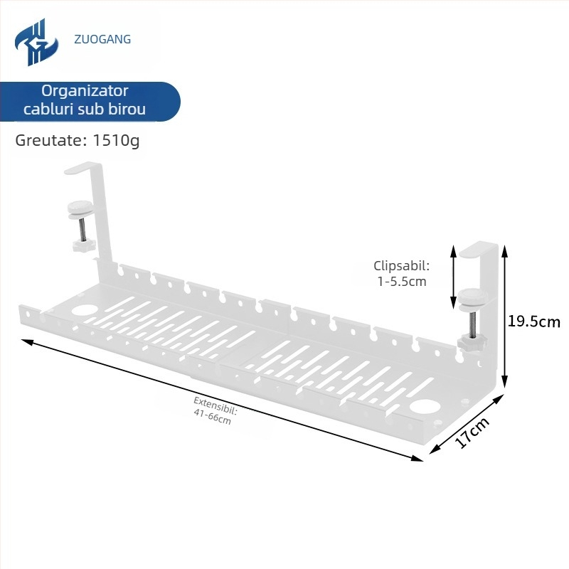 Rack de gestionare a cablurilor sub birou - telescopic, fără găuri, din oțel laminat la rece, finisaj pudră, Zuo Gang