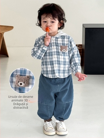 Jachetă pentru copii cu glugă în carouri, toamnă 2025, stil coreean, lungime scurtă, material 80% bumbac 20% poliester, pentru vârste 3–8