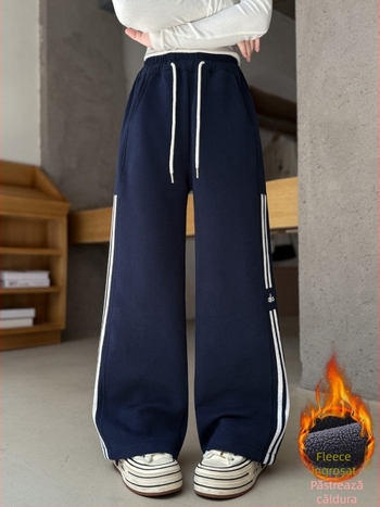 Pantaloni casual pentru fete, căptuți cu fleece, cu șnur la talie, iarnă, talie înaltă, cu elastic, 60% bumbac, model în dungi sau uni, pentru copii peste 8 ani