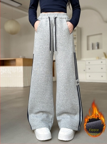 Pantaloni casual pentru fete, căptuți cu fleece, cu șnur la talie, iarnă, talie înaltă, cu elastic, 60% bumbac, model în dungi sau uni, pentru copii peste 8 ani