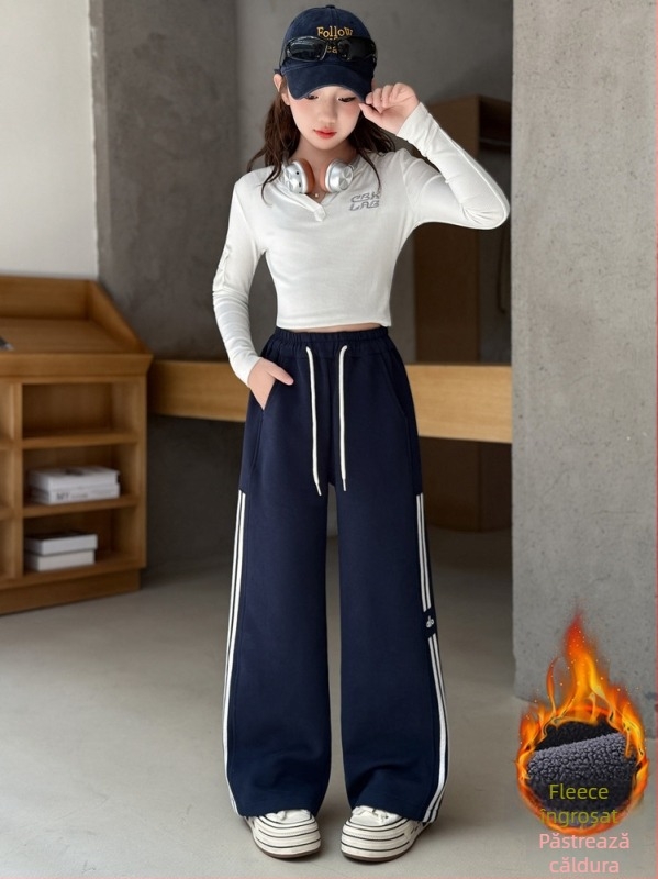 Pantaloni casual pentru fete, căptuți cu fleece, cu șnur la talie, iarnă, talie înaltă, cu elastic, 60% bumbac, model în dungi sau uni, pentru copii peste 8 ani
