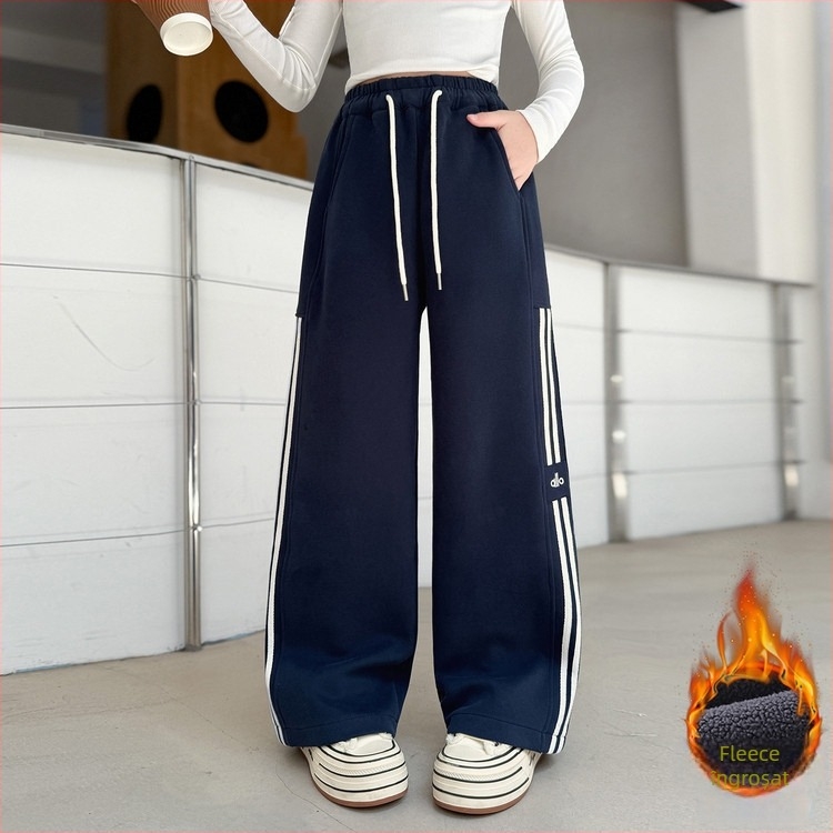 Pantaloni casual pentru fete, căptuți cu fleece, cu șnur la talie, iarnă, talie înaltă, cu elastic, 60% bumbac, model în dungi sau uni, pentru copii peste 8 ani