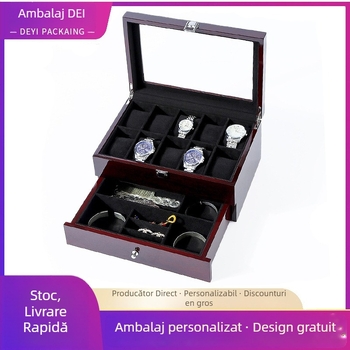 Cutie cadou din PU piele și lemn, personalizabilă pentru bijuterii, ceasuri și cosmetice — realizare manuală, ambalare finală