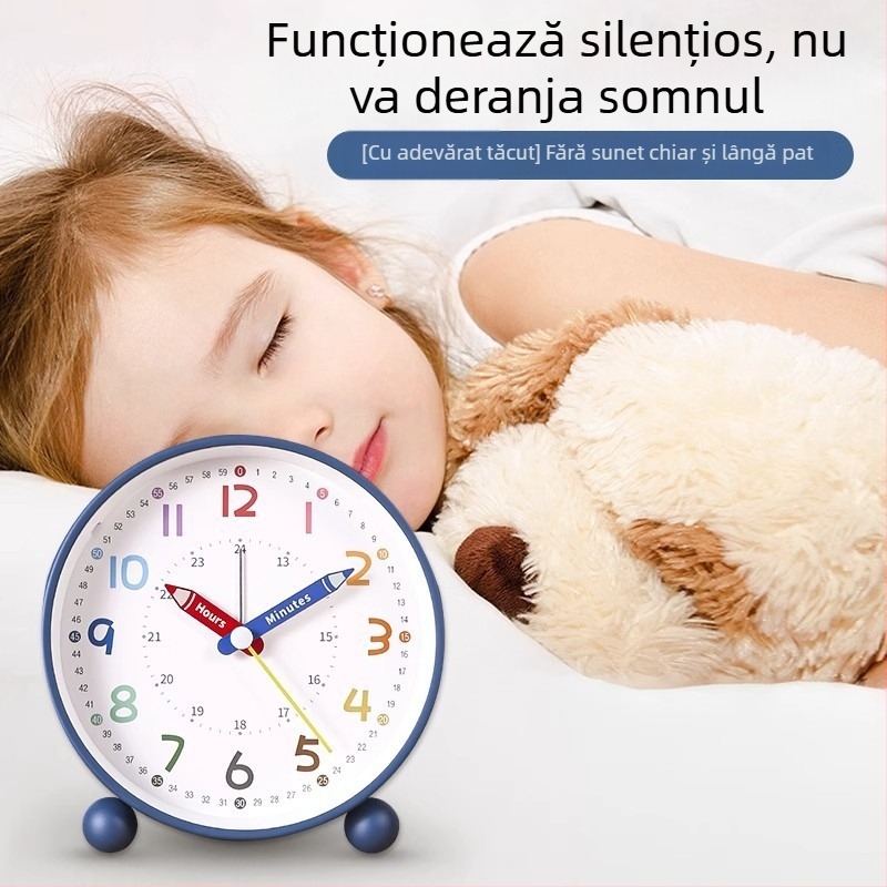 Ceas de alarmă pentru elevi, funcționare silențioasă, alimentat cu baterii, carcasă și cadran metalice, afișaj analog unic