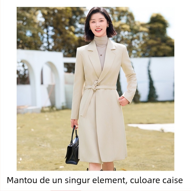 Palton de femei, lungime medie, decolteu în V, croială slim, model cu textură 3D, țesătură elastan-poliester 70–80%