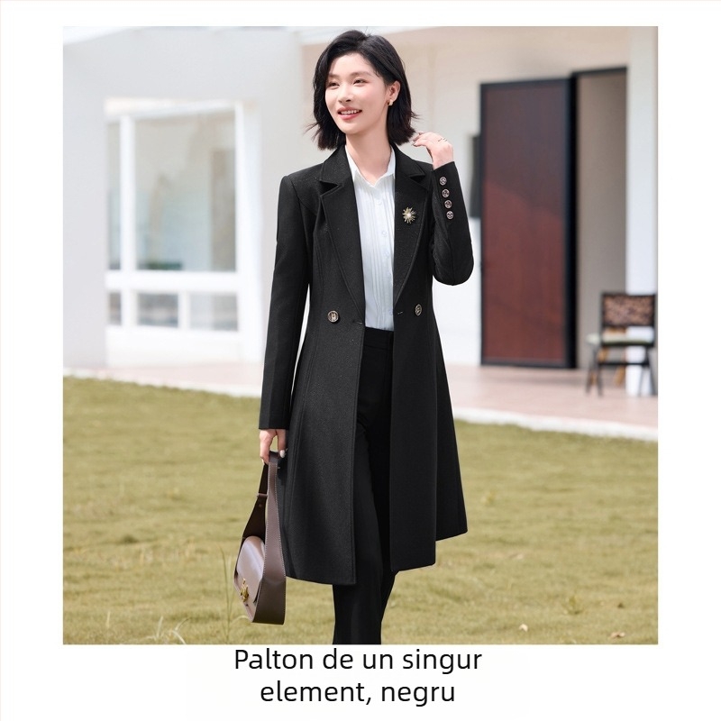 Palton de femei, lungime medie, decolteu în V, croială slim, model cu textură 3D, țesătură elastan-poliester 70–80%