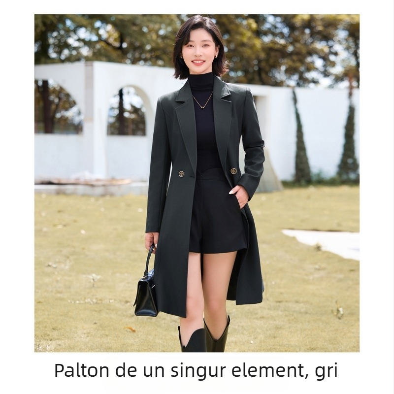 Palton de femei, lungime medie, decolteu în V, croială slim, model cu textură 3D, țesătură elastan-poliester 70–80%