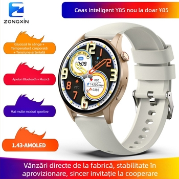 Ceas inteligent pentru zahăr din sânge cu monitorizare a tensiunii arteriale, ritmului cardiac, oxigenului din sânge și somn | Ecran rotund