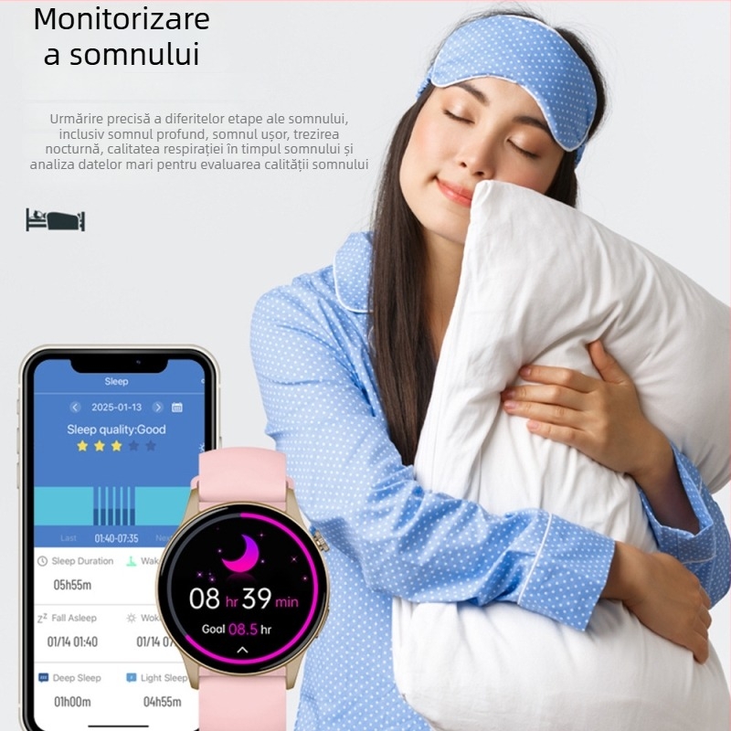 Ceas inteligent pentru zahăr din sânge cu monitorizare a tensiunii arteriale, ritmului cardiac, oxigenului din sânge și somn | Ecran rotund