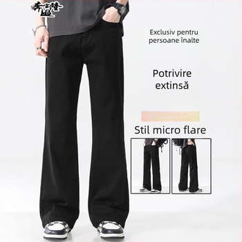 Jeansi bărbați cu talie medie, croială evazată, denim din bumbac cu căptușeală de fleece, fermoar, multiple buzunare.