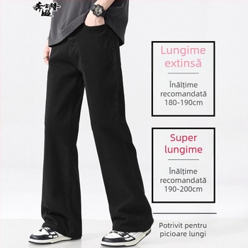 Jeansi bărbați cu talie medie, croială evazată, denim din bumbac cu căptușeală de fleece, fermoar, multiple buzunare.