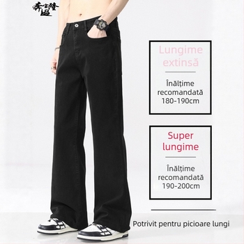 Jeansi bărbați cu talie medie, croială evazată, denim din bumbac cu căptușeală de fleece, fermoar, multiple buzunare.