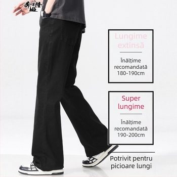 Jeansi bărbați cu talie medie, croială evazată, denim din bumbac cu căptușeală de fleece, fermoar, multiple buzunare.