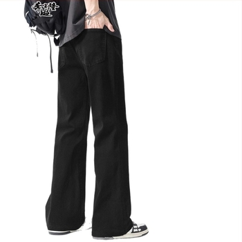 Jeansi bărbați cu talie medie, croială evazată, denim din bumbac cu căptușeală de fleece, fermoar, multiple buzunare.