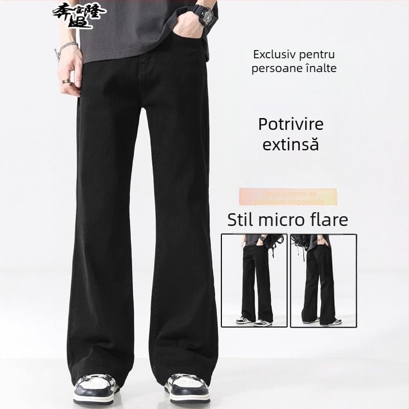 Jeansi bărbați cu talie medie, croială evazată, denim din bumbac cu căptușeală de fleece, fermoar, multiple buzunare.