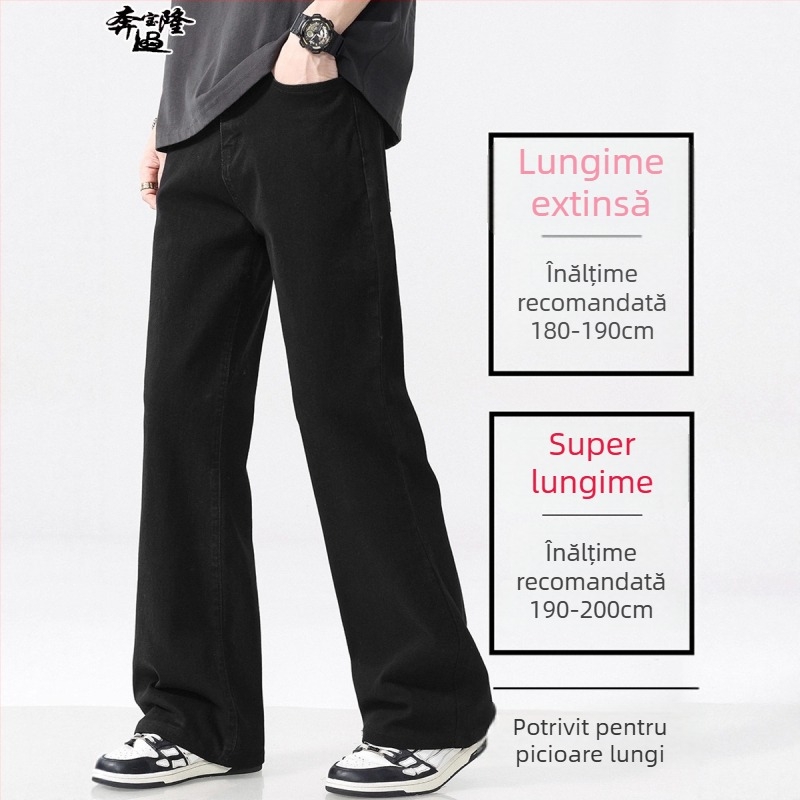 Jeansi bărbați cu talie medie, croială evazată, denim din bumbac cu căptușeală de fleece, fermoar, multiple buzunare.