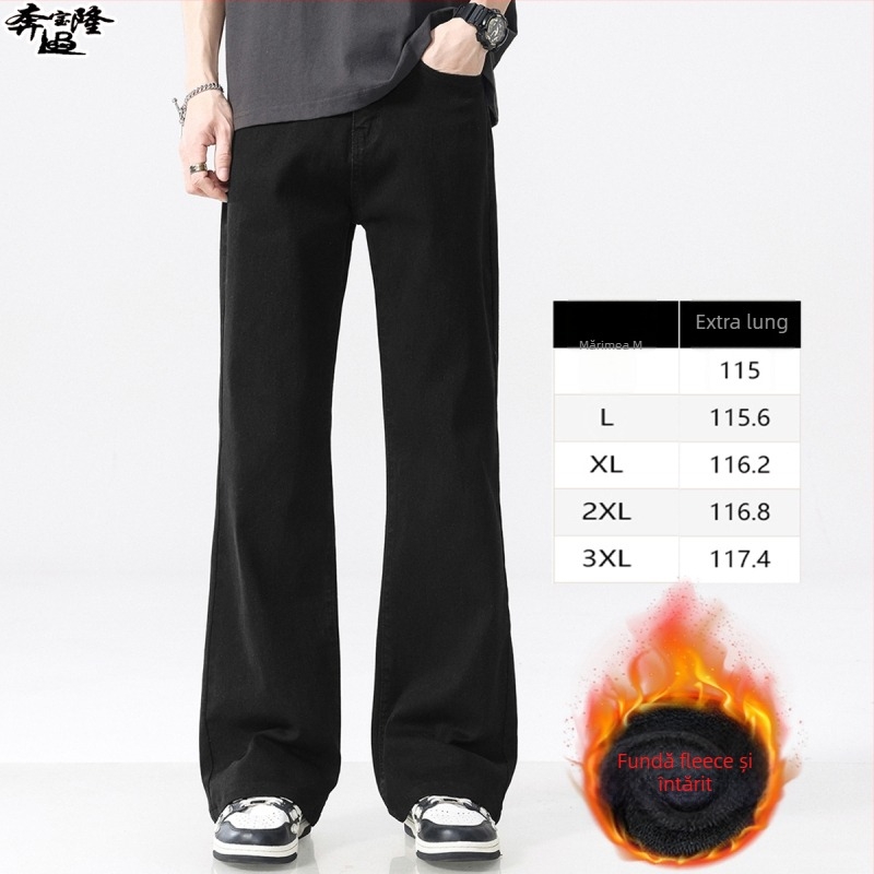 Jeansi bărbați cu talie medie, croială evazată, denim din bumbac cu căptușeală de fleece, fermoar, multiple buzunare.